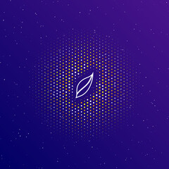 A large white contour leaflet symbol in the center, surrounded by small dots. Dots of different colors in the shape of a ball. Vector illustration on dark blue gradient background with stars