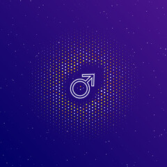 A large white contour mars symbol in the center, surrounded by small dots. Dots of different colors in the shape of a ball. Vector illustration on dark blue gradient background with stars