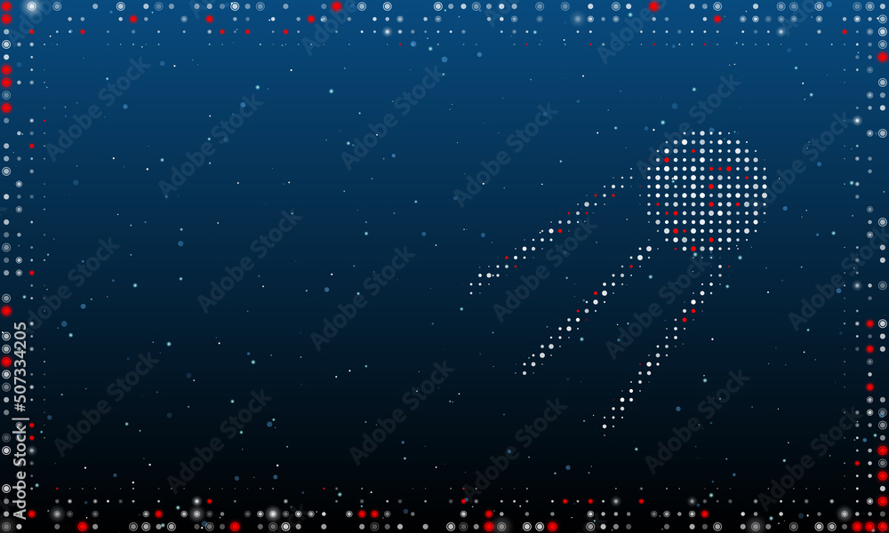 Poster on the right is the satellite symbol filled with white dots. pointillism style. abstract futuristic 