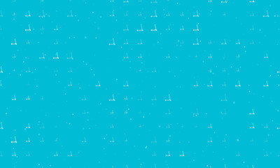Seamless background pattern of evenly spaced white kick scooter symbols of different sizes and opacity. Vector illustration on cyan background with stars