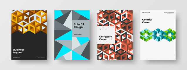 Fresh geometric shapes magazine cover template collection. Vivid company brochure A4 design vector illustration composition.