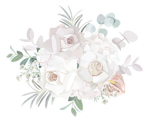 trendy rose hydrangea anthurium flowers, eucalyptus branches vector bouquet  illustration	
