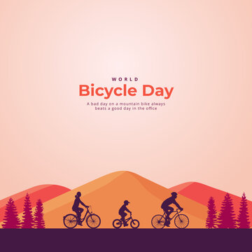 World Bicycle Day with Riders and Background Mountain. Vector Illustration