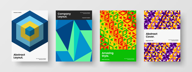 Obraz premium Unique mosaic shapes corporate brochure layout set. Isolated front page A4 vector design template composition.
