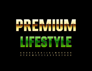 Vector stylish logo Premium Lifestyle. Elegant Golden Font. Artistic Alphabet Letters and Numbers.