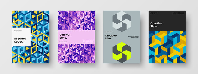 Colorful mosaic hexagons company identity illustration set. Amazing flyer A4 design vector layout bundle.