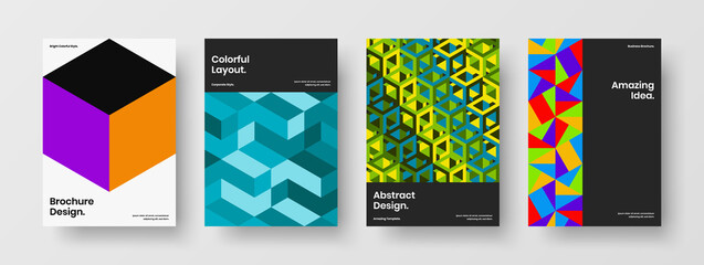 Vivid mosaic hexagons book cover illustration bundle. Clean presentation vector design layout collection.