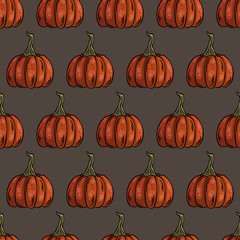 Simple seamless pattern with colorful pumpkins. Hand drawn autumn background. Vector illustration with vegetables in cartoon style	