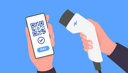 Charge an electric car with the scan app. Mobile payment, Cashless society concept.