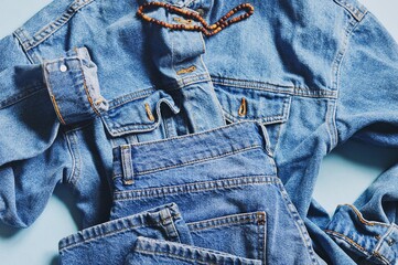 Stylish fashionable total denim look. Light blue jacket, jeans pants and wooden accessories. Modern clothes in youth style. Flat lay fashion photography, closeup image