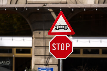 Stop traffic sign and warning sign tram traffic at City of Basel. Photo taken April 27th, 2022,...