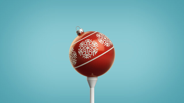 Trendy Retro 3D Illustration of Shiny Red Christmas Ornament with a Snowflake Design on a Golf Tee Isolated on a Fresh Blue Background