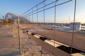 view of the border fence separating the Spanish town of La Linea de la Concepcion from the British...