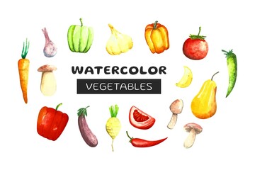 Set of cute hand drawn watercolor vegetable and fruit.