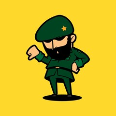 Retro army mascot cartoon character thumbs down. Celebration of Indonesia Independence Day.