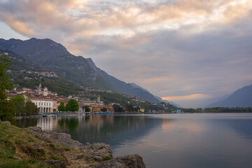 Fototapeta premium Nice view of Lake Iseo at morning, on the left the city of lovere which runs along the lake,Bergamo Italy.