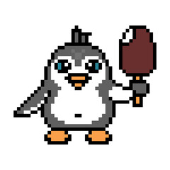 Happy penguin with chocolate ice cream on a stick, cute pixel art animal character isolated on white background. Retro 80's-90's 8 bit slot machine, 2d video game graphics. Cartoon bird with a dessert