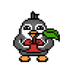 Obraz premium Happy penguin with a big red apple, cute pixel art animal character isolated on white background. Old school retro 80's-90's 8 bit slot machine, 2d video game graphics. Cartoon bird with a fruit.