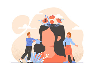 Beautiful flower garden inside head. Mental health and psychological stability. People watering plants on head. Taking care of mind. Help and support for happy life. Cartoon flat vector illustration.