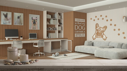 Wooden vintage table top or shelf with candles and pebbles, zen mood, over pet friendly home corner office, desk with chairs, dog bed with gate, white architecture interior design