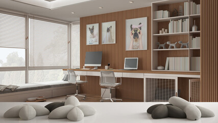 White table, desk or shelf with five soft white pillows in the shape of stars or flowers, over pet friendly home corner office, dog bed with gate, architecture interior design concept
