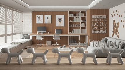 Wooden table top or shelf with line of stylized dogs, dog friendly concept, love for animals, animal dog proof home, wooden home corner office with and and sofa, cool interior design
