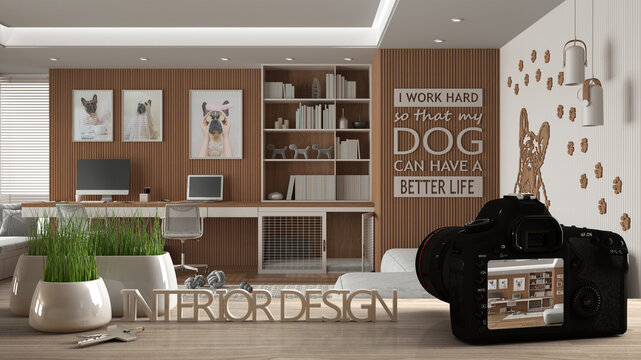 Architect photographer designer desktop concept, camera on wooden work desk with screen showing interior design project, pet friendly corner office, desk with chair, dog bed with gate