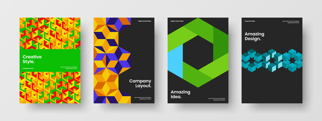 Colorful geometric tiles leaflet concept collection. Minimalistic company cover vector design template composition.