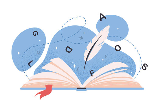 International literacy day. Concept of education and training activities. Greeting card with book and quill for writing. Learning grammar and reading literature. Cartoon flat vector illustration. - Powered by Adobe