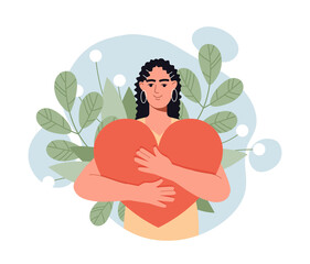 Love yourself and acceptance of your personality. Happy woman surrounded by plants holds big heart in her hands. Taking care and supporting your psychological health. Cartoon flat vector illustration.