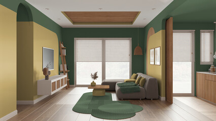 Modern wooden living room in green tones, velvet sofa with carpet and side table, rattan commode with television. Big window with blinds, parquet and cane ceiling. Interior design