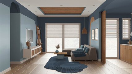 Modern wooden living room in blue navy tones, velvet sofa with carpet and side table, rattan commode with television. Big window with blinds, parquet and cane ceiling. Interior design