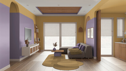 Modern wooden living room in violet and yellow tones, velvet sofa with carpet, side table and rattan commode. Big window with blinds, parquet and cane ceiling. Interior design