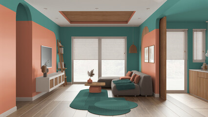 Modern wooden living room in orange and turquoise tones, velvet sofa with carpet, side table and rattan commode. Big window with blinds, parquet and cane ceiling. Interior design