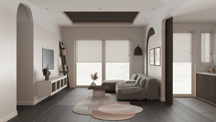 Modern wooden living room in dark tones, velvet sofa with carpet and side table, rattan commode with television. Big window with blinds, parquet and cane ceiling. Interior design