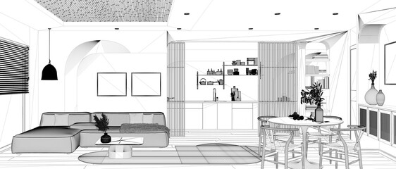 Blueprint project draft, panoramic view of modern wooden kitchen, dining and living room, sofa and table with chairs, sliding door. Window, parquet and cane ceiling. Interior design