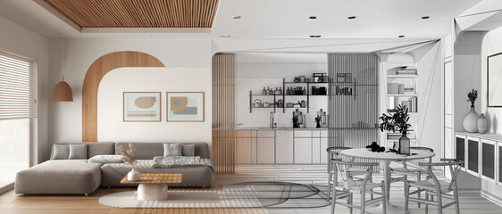 Architect interior designer concept: hand-drawn draft unfinished project that becomes real, panoramic view of modern wooden kitchen, dining and living room, sofa and table with chairs