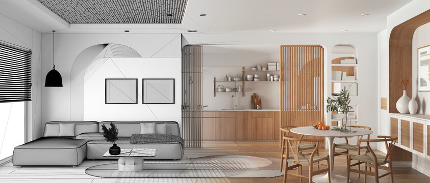 Architect interior designer concept: hand-drawn draft unfinished project that becomes real, panoramic view of modern wooden kitchen, dining and living room, sofa and table with chairs