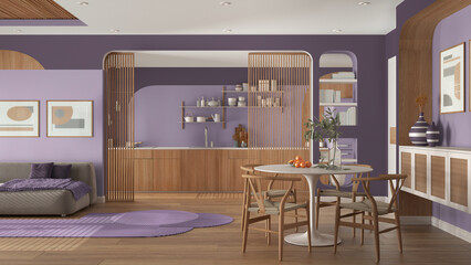 Modern kitchen, living and dining room in purple tones, velvet sofa, carpet, wooden sliding door, cabinets, shelves and table with chairs. Parquet and cane ceiling. Interior design