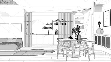 Blueprint project draft, modern kitchen, living and dining room, sofa with carpet, sliding door, cabinets, shelves and table with chairs. Parquet and cane ceiling. Interior design