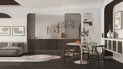 Modern kitchen, living and dining room in dark tones, velvet sofa with carpet, wooden sliding door,...