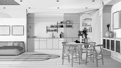 Unfinished project draft, modern kitchen, living and dining room, sofa with carpet, sliding door, cabinets, shelves and table with chairs. Parquet and cane ceiling. Interior design