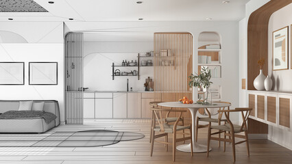Architect interior designer concept: hand-drawn draft unfinished project that becomes real, modern kitchen, living and dining room, sofa, table with chairs. Parquet and cane ceiling