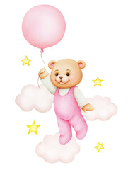 Cute cartoon teddy bear with air balloon; watercolor hand drawn illustration; can be used for kid posters, card, invitation