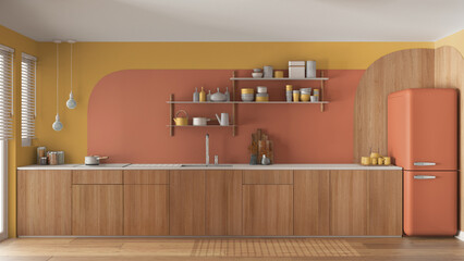 Modern contemporary kitchen in orange tones, wooden cabinets, sink with faucet and induction hob,...