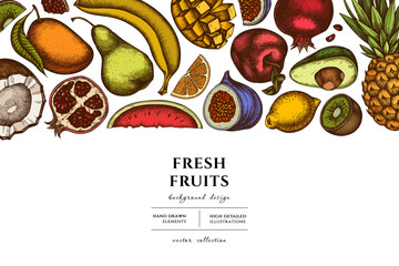 Fruits hand drawn illustration design. Background with retro bananas, pears, kiwi etc.