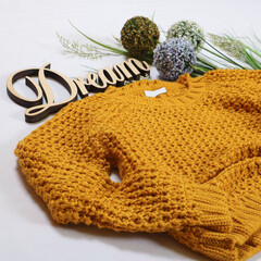 close-up of a knitted yellow sweater on a white background with a wooden inscription Dream. Stylish women's outfit