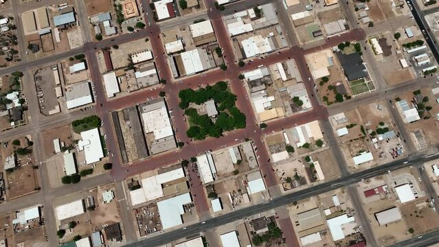 Aerial Lamesa Texas County Office Circle Descend. Rural Central Texas Oil Field Town. County Government. Old Historic Downtown, City Square Center Town. Green Trees In Park. Business.