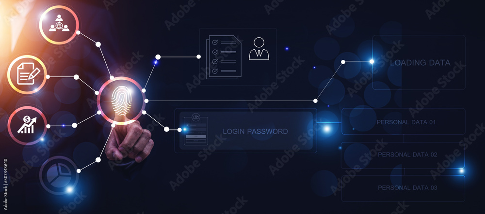 Poster businessman finger scan for unlock password for security information concept,