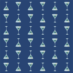Martini glass with olive and skewer seamless pattern. Doodle style. Color hand drawn image. Repeat template. Party drinks concept. Freehand drawing. Cartoon sketch graphic draft